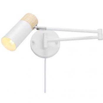 Aplique de Pared Moderno Alpinaluz con Brazo Oscilante y Cable de Enchufe en Madera Natural y Aluminio, Foco E27 Blanco Orientable 360º, Diseño Nórdico Ideal para Dormitorio