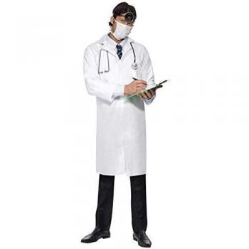 Smiffy'S 22192L Disfraz De Médico Con Bata Larga Y Mascarilla, Blanco, L - Tamaño 42-44