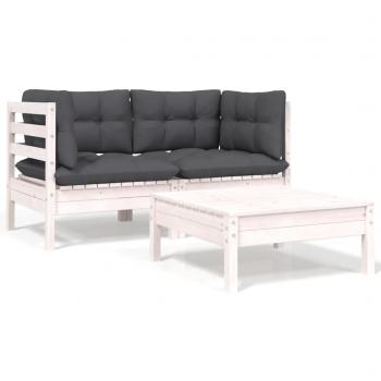 Juego de muebles de jardín 3 piezas con cojines blancos de madera de pino