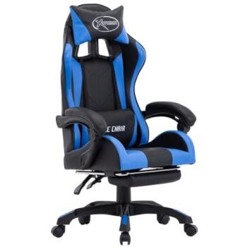 Sillón giratorio para oficina y videojuegos con reposapiés y polipiel azul