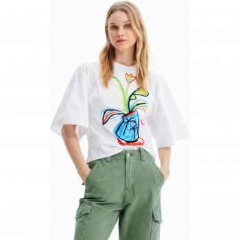 Desigual Women's White Cotton T-Shirt - XL, Short Sleeve, Round Neck