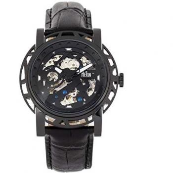 Reign Stavros Men's Automatic Skeleton Dial Watch with Crocodile-Embossed Leather Strap - Black Bezel and Analog Display