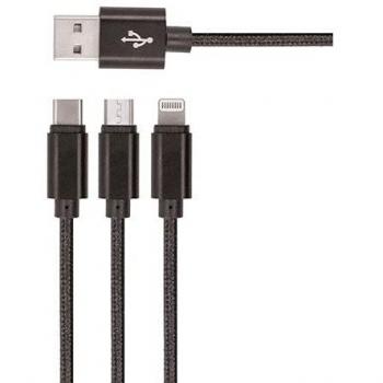 Cable USB 3 en 1 Nylon Reforzado para Carga y Transferencia - Lightning, Micro USB, Type C - 1m Negro