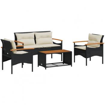 4-Piece Black Poly Rattan Garden Sofa Set with Cushions