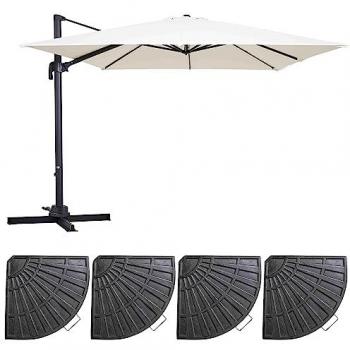 Parasol excéntrico cuadrado 3x3 m rotativo a 360° con 4 losas de lastre de aluminio blanco