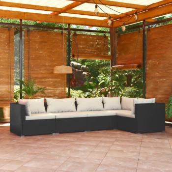 5-Piece Black Poly Rattan Garden Lounge Set with Cushions