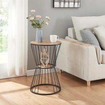 Mesa Auxiliar Redonda Fossbergom con Estante de MDF y Metal 62xØ40cm - Negro/Efecto Roble