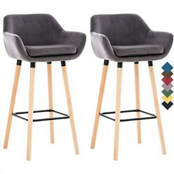 Set de 2 taburetes de bar Grant en terciopelo gris con base de madera y reposapiés