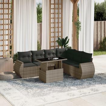 7-Piece Grey Poly Rattan Garden Sofa Set with Cushions