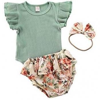 YQYJA Conjunto de verano para bebé, 3 piezas, para recién nacidos, pelele con volantes, top con flores, pantalones cortos para la cabeza verde 12-18 Meses