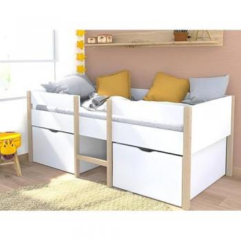 Cama alta Sissy con 2 cajones - 90 x 190 cm - Blanco y Roble + colchón