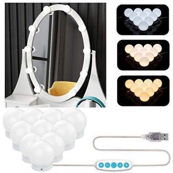 Aourow Luces de Espejo Maquillaje,Diseño de Cable USB Luz de Tocador LED con Interruptor y 10 Bombillas Regulables,5 Modos de Color y 6 Brillo