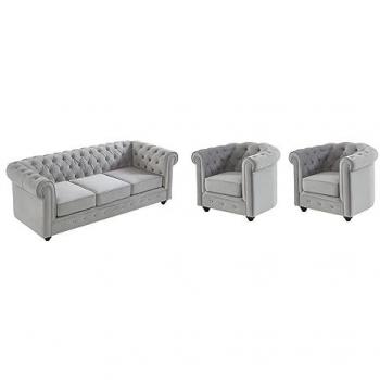 Sofá Chesterfield 3 plazas y 2 sillones de terciopelo - Gris plata