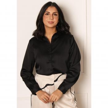 JDY Fifi Satin Long Sleeve Shirt in Black - UK6