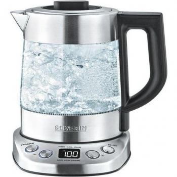 Severin WK 3473 Tetera Eléctrica Deluxe Mini 1L 2200W con Filtro de Té y Antical Lavable, Temperatura Ajustable, Acero Inoxidable y Cristal Transparent