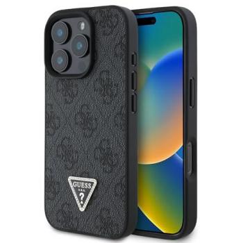 Funda Guess Triangle Strass para iPhone 16 Pro 6.3 - Carcasa Dura de Piel Sintética con Carga Inalámbrica y Brillo Elegante, Color Negro