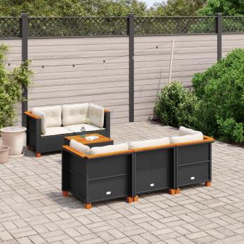 Sofá de jardín 6 PCs con almohadas negras en Polyrattan
