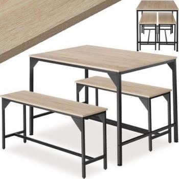 Conjunto de mesa y bancos Bolton 2 + 1 - Estilo industrial minimalista con tableros de MDF y marco de acero robusto