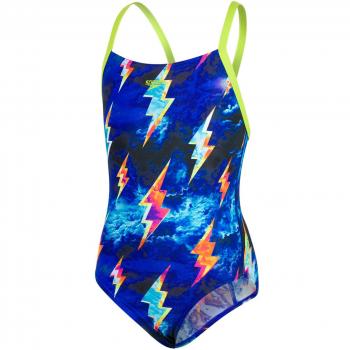 Speedo Strike Flash Placement Digital Crossback Bañador, Niñas, Negro/ponche Lima/Violeta, 34