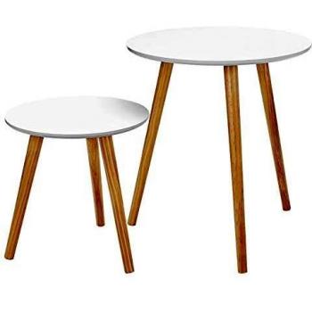 Juego de 2 mesas auxiliares nórdicas, mesas de café redondas para salón, patas de madera de pino, blanco y natural