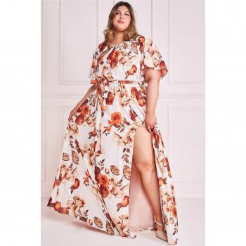 Goddiva Plus Wrap Back Flutter Sleeve Maxi - Beige - Size 20 UK