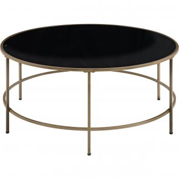 Mesa de centro Beliani con tablero de cristal negro y marco de metal dorado, redonda, 88 cm, diseño glamour moderno Florence