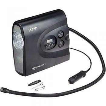 Compresor de aire portátil y compacto Amazon Basics con funda de transporte, apagado automático, luz LED, 12 V, 10.3 bar, color negro