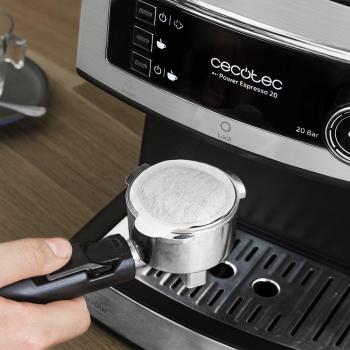 Cecotec Cafetera Express Manual Power Espresso 20. 850W, Presión 20 Bares, Depósito de 1,5L, Brazo Doble Salida, Vaporizador, Superficie Calientatazas, Acabados en Acero Inoxidable