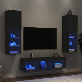 Mueble de TV de pared con LED 5 piezas en madera de ingeniería color negro