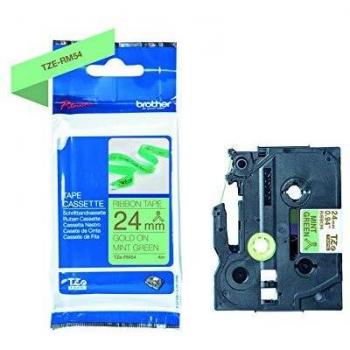 Cinta Satinada Textil Brother TZE-RM54 24 mm Oro sobre Verde Menta (4 metros)