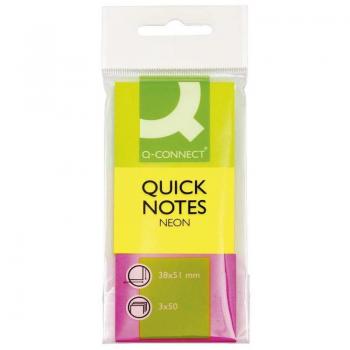 Q-Connect KF01224 - Notas Adhesivas Quita y Pon, 38 x 51 mm, Colores Neón, Pack de 3 Blocs, 50 Hojas por Bloc