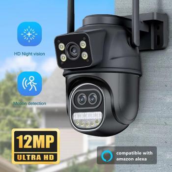 Cámara WiFi 12 MP para exteriores Icsee con tres lentes, pantallas duales, zoom de 8X y seguimiento automático
