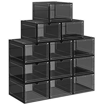 Juego de 12 cajas de zapatos apilables de plástico, ahorro de espacio, fácil de montar, 27x34,5x19 cm, hasta talla 45, disponible en blanco o negro