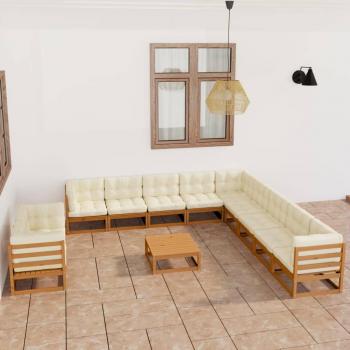 Set de muebles de jardín 12 piezas con cojines en madera de pino color marrón miel