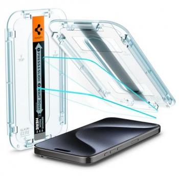 Protector de Pantalla Spigen Glas.tR Ez Fit para iPhone 15 Pro - 2 Unidades, incluye dos unidades de vidrio templado, fácil instalación con tecnología Ez Fit, alta transparencia y sensibilidad al tacto, protección contra ara