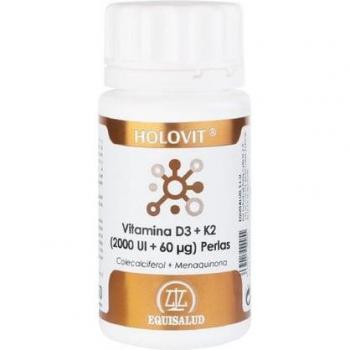 Holovit Vitamina D3 + K2 2.000 UI/60 µg - Suplemento de Equisalud en perlas, 50 unidades