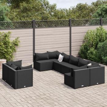 9-Piece Black Poly Rattan Garden Sofa Set with Cushions