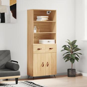 Aparador alto de madera contrachapada color roble 69,5x34x180 cm con 2 puertas y 2 cajones, mueble de almacenaje para salón, buffet y armario auxiliar