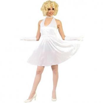 Disfraz adulto de Marilyn Monroe para mujer, traje blanco 80242, incluye vestido blanco ajustado con escote en V y tirantes finos, diseño inspirado en la icónica escena de La tentación vive arriba, fabricado en