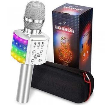 BONAOK Micrófono para Niños, Micrófono de Grabador Karaoke Bluetooth, Micrófono de karaoke 3 en 1 con Luces, Máquina karaoke para Fiestas en Casa de Regalo de Cumpleaños para iPhone/Android