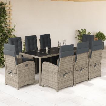 9 Piece Gray Poly Rattan Garden Dining Set with Cushions