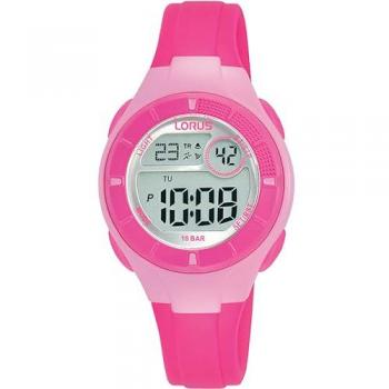 Reloj de pulsera LORUS Sports R2345PX9 - Correa color Rosa, Dial LCD Gris plata, Mujer, Digital multifunción para niños, Esfera Digital de 31 mm, Resistencia al agua hasta 100 m