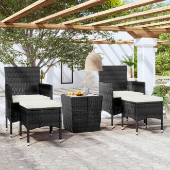 5-Piece Black Poly Rattan Garden Bistro Set with Tempered Glass