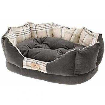 Cama Acolchada Charles para Perros y Gatos, 56 x 42 x 20 cm, Sofá con Cojín Doble Cara, Tela Escocesa y Terciopelo Lavable, Color Blanco/Neg