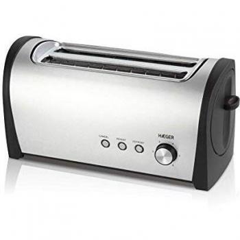 HAEGER DESAYUNO PLUS - Tostadora Multifunción con 1400W de potencia - 2 Ranuras Largas, exterior en INOX, control electrónico de tostado - 6 posiciones, 3 funciones: recalentar, descongelar y cancelar