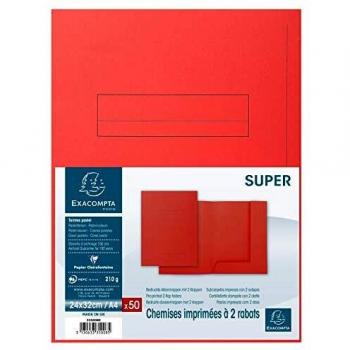 Exacompta 335008E - Lote de 50 Subcarpetas Super 250 Impresas y con 2 Solapas, Color Rojo