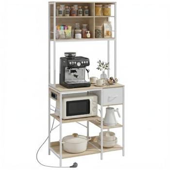 Estantería de Cocina Homcom con Enchufes y Puertos USB, Soporte para Microondas, 8 Estantes, 6 Ganchos, Cajón de Tela, 80x40x181 cm, Roble