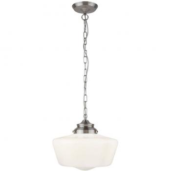 Lámpara colgante School House de suspensión contemporánea, acabado en plata satinada, con vidrio opalino blanco, clasificación IP44, compatible con bombilla E27