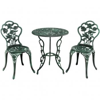Conjunto de Mueble para Jardín - Mesa Redonda con Hoyo para Sombrilla y 2 Sillas de Fundición y Aluminio