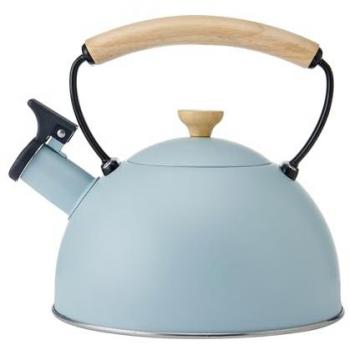 Tetera Silbante de Acero Inoxidable 1.6L Color Azul Cielo con Mango de Madera y Caja de Regalo
